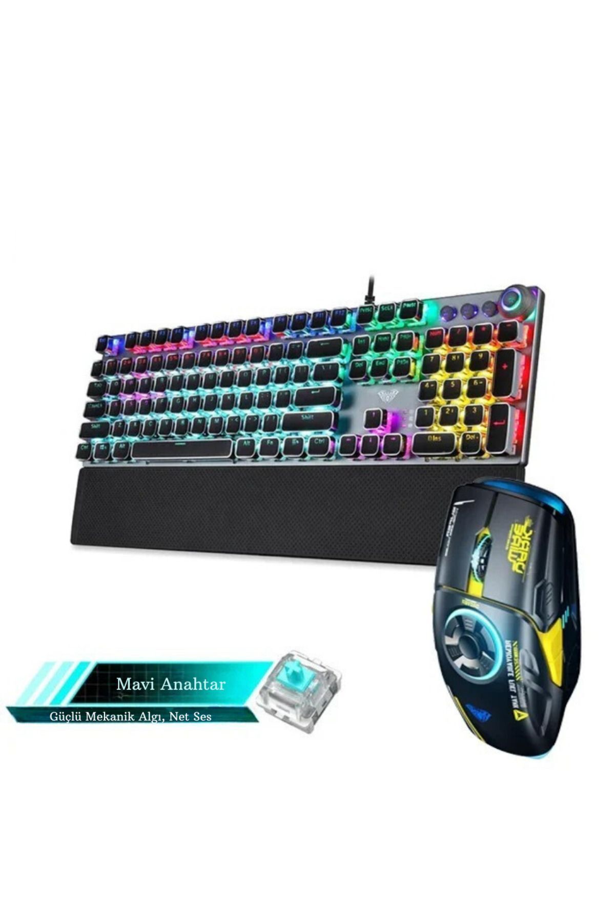 Mekanik Klavye Mouse Seti Kablolu Klavye 2.4G Mouse RGB Bilek Desteği Daktilo Klavye Retro