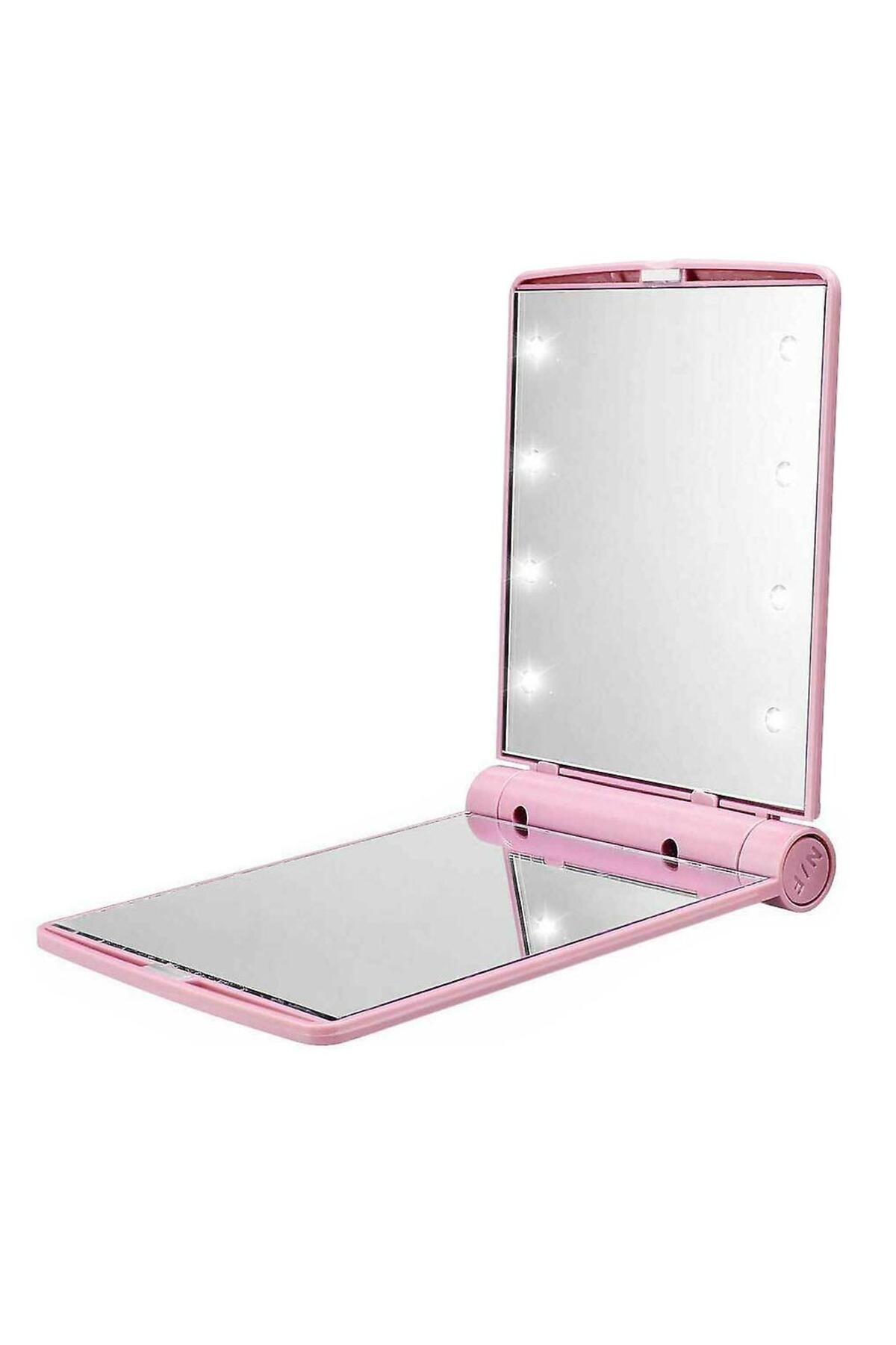 Katlanır Mini Işıklı Makyaj Aynası Cep Çanta Aynası 8 LED Pilli(23A 12V Pil Dahildir) Pembe