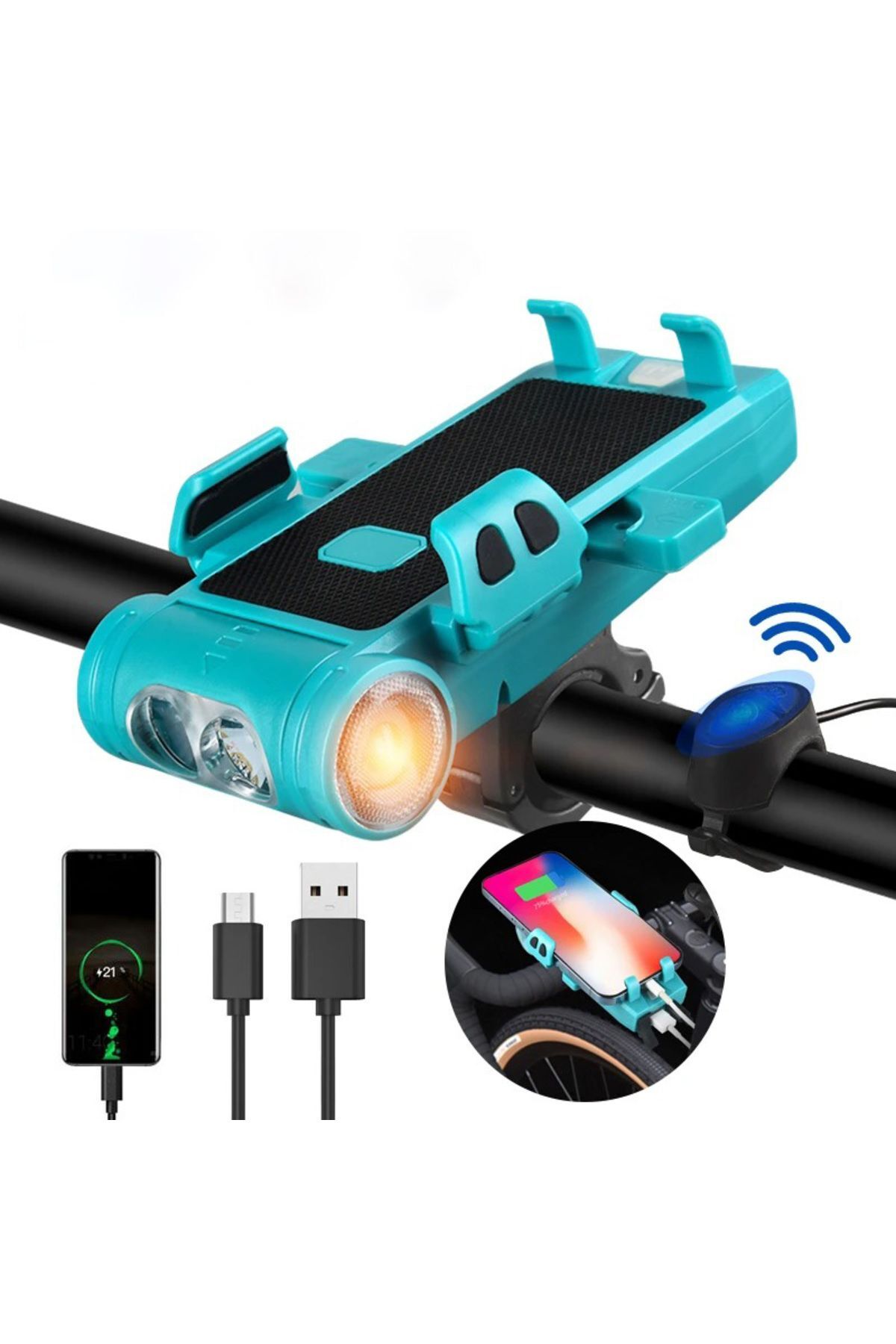 5in1 Bisiklet Feneri Şarjlı Telefon Tutucu+Korna +Sis Farı 3500 Mah PowerBank Scooter Lambası