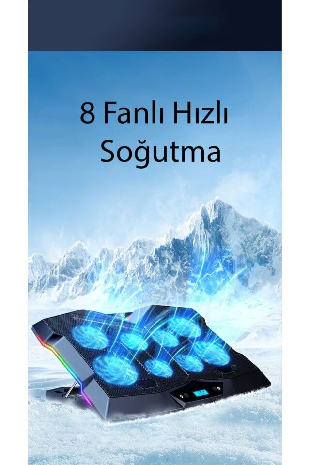 8 Fanlı 18-11İnç RGB Işıklı Notebook Laptop Soğutucu Fan Çift USB