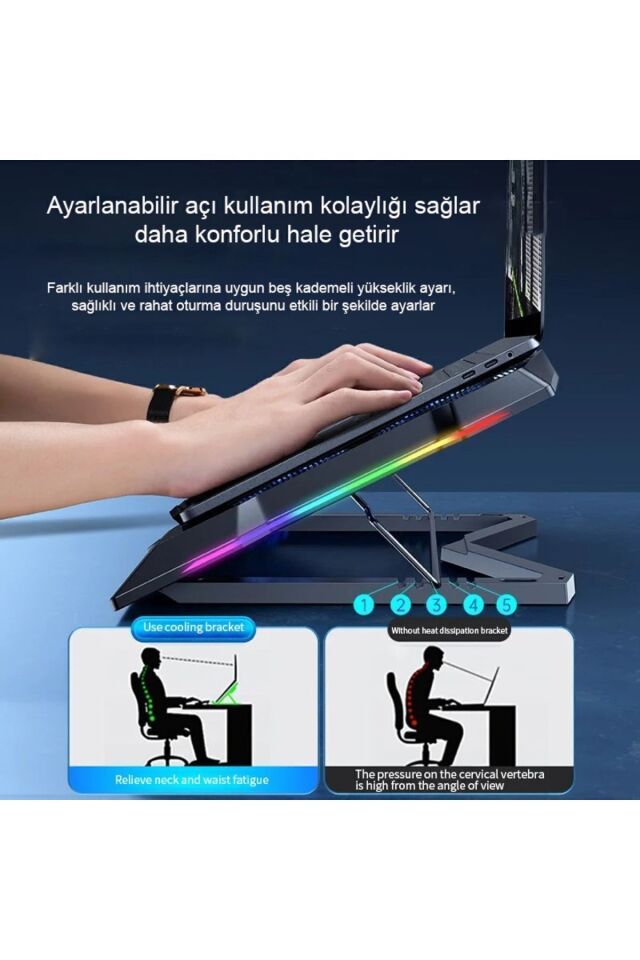 8 Fanlı 18-11İnç RGB Işıklı Notebook Laptop Soğutucu Fan Çift USB