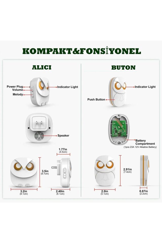 Lüx 1Buton 1Alıcı Kablosuz Kapı Zili Baykuş Şekilli Işıklı Uzun Mesafeli (300 Metre)(Beyaz)