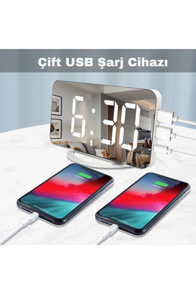 Aynalı Çift Usb’li Aynalı Masa Saati Alarm Dijital Ekran Duvar Saati Ev Ofis Parlıklık Ayarlı