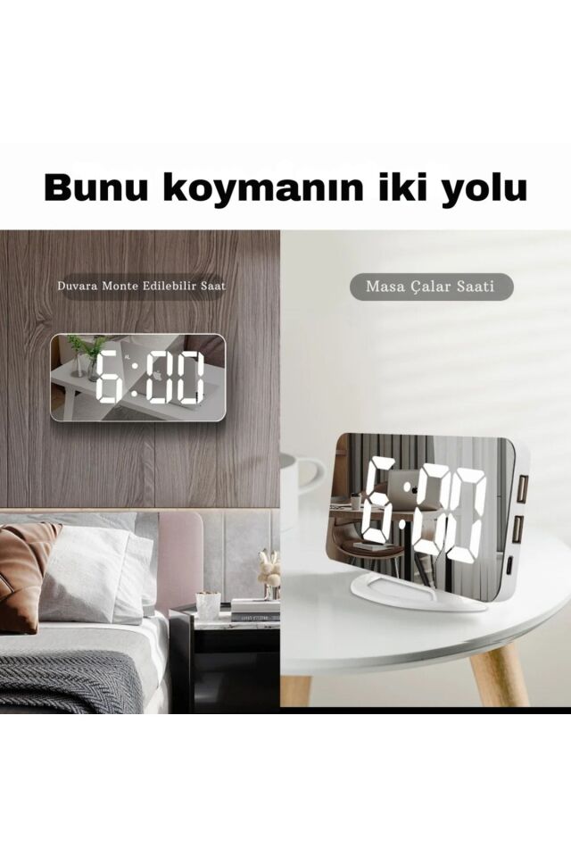 Aynalı Çift Usb’li Aynalı Masa Saati Alarm Dijital Ekran Duvar Saati Ev Ofis Parlıklık Ayarlı
