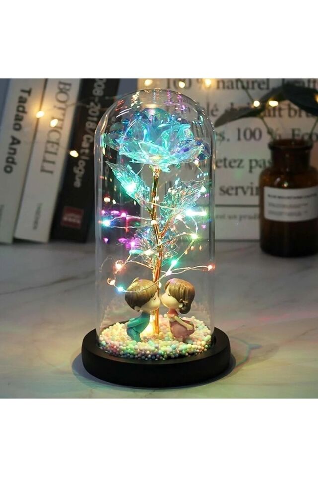 Yılbaşı Hediyesi Cam Fanus Işıklı Beyaz Gül Happy New Year