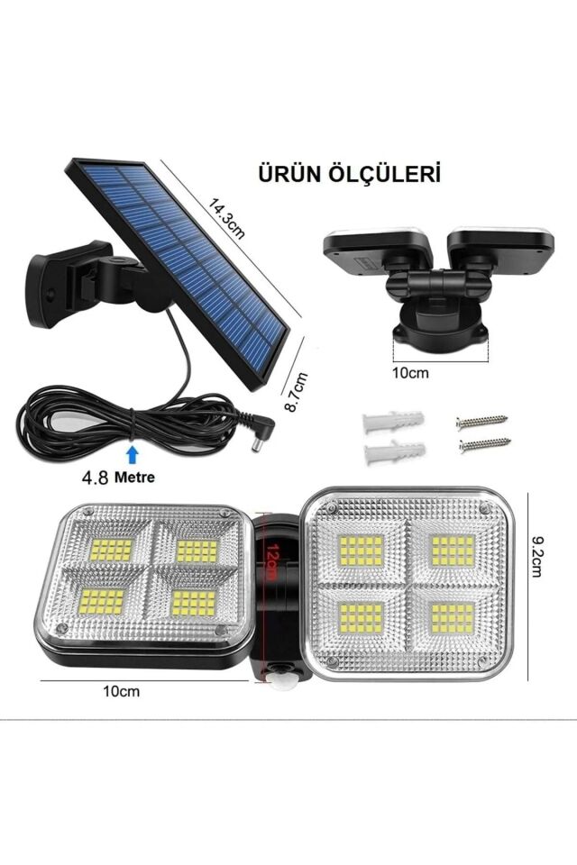 Solar Lamba Güneş Enerjili Kablolu Çift Başlı Sensörlü Bahçe Kamp Aydınlatma 120 Led Lamba