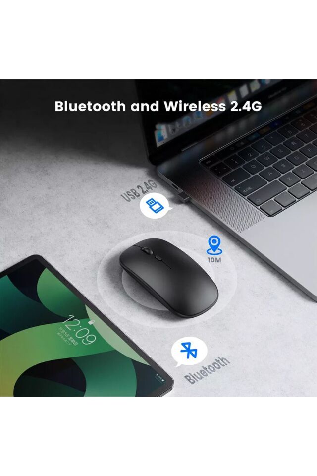 Sessiz Wireless Bluetooth Kablosuz Mouse 800-1600DPI Ergonomik Şarjlı 2.4Ghz Fare