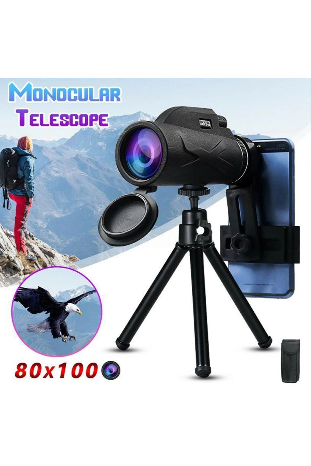 80x Dürbün Ultra Zoom Tek Göz Monoküler Teleskop Telefon Tutucu Tripot
