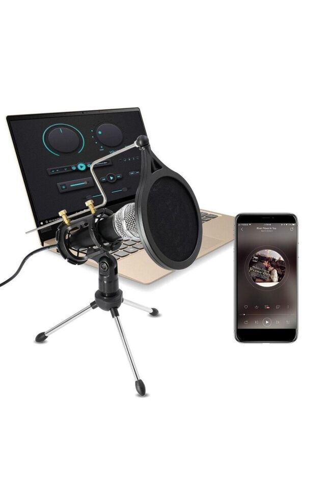 Kayıt Mikrofonu Kondenser Bilgisayar Cep Telefonu Uyumlu Tripodlu Kareoke Podcast Youtuber