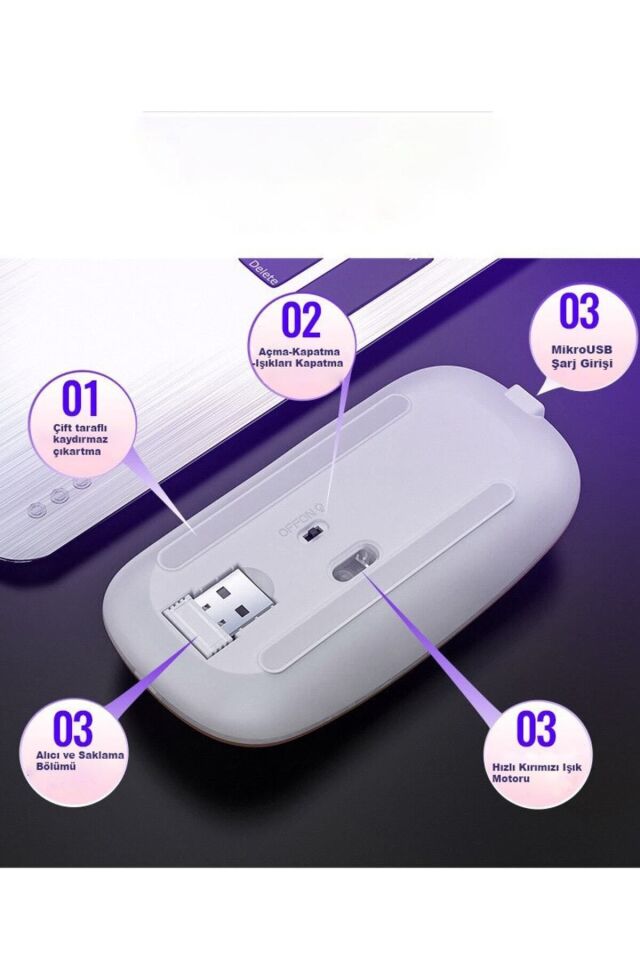 Işıklı Usb Led Işıklı Sessiz Kablosuz Optik Mouse Wireless Ofis Bilgisayar Pc Şarjlı
